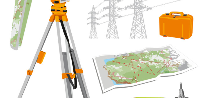 Surveying instruments - theodolite with maps and compasses, pencil, power lines. Isolated vector set illustrations on white background. Vector illustration. eps 10.
